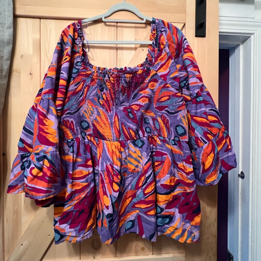 Terra & Sky purple multi smocked blouse
